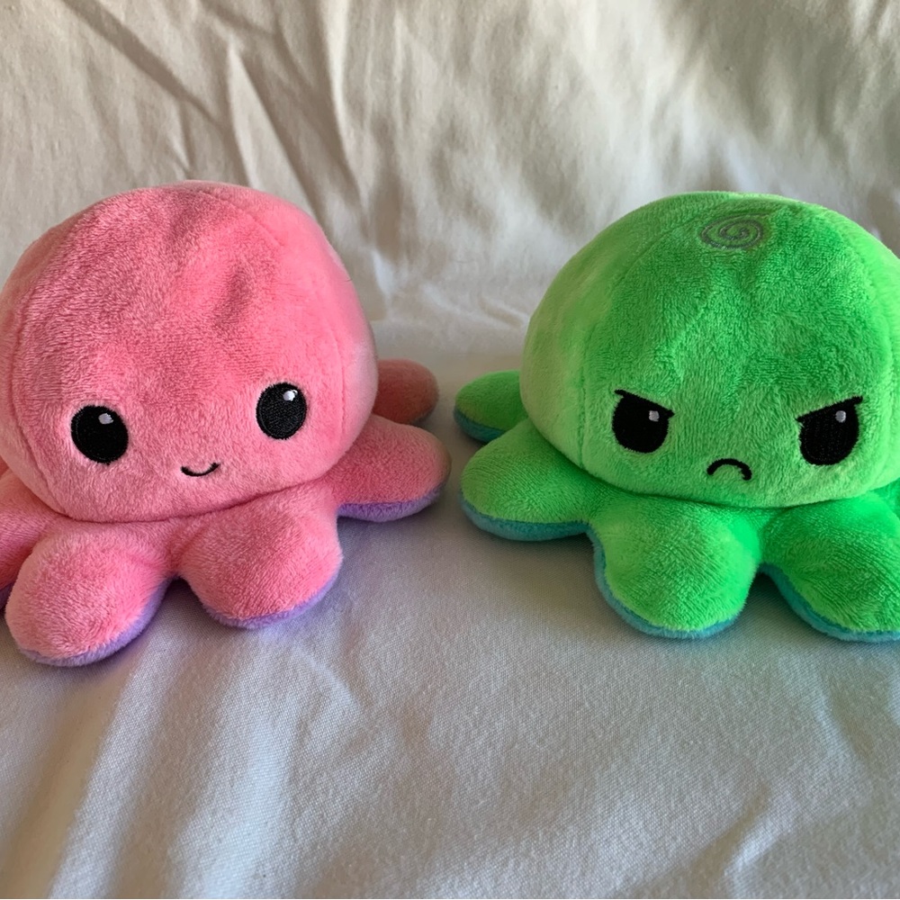 2 Tee Turtles Reversible Plush Octopus Pink Green 6"Plush Happy Sad Face